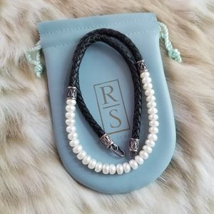 Ross-Simons Pearl & Braided Leather 925 Sterling Silver Necklace